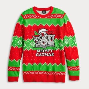 EUC Mad Engine Festive Red and Green Cat Christmas Sweater